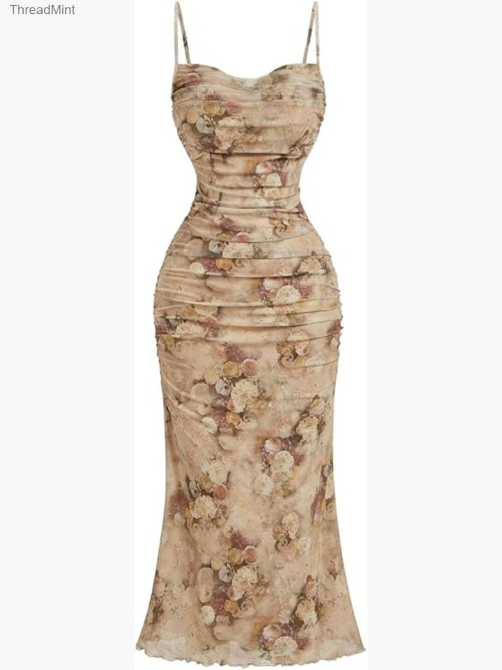 Women's Floral Ruched Mesh Fishtail Midi Bodycon Dress Sleeveless Summer